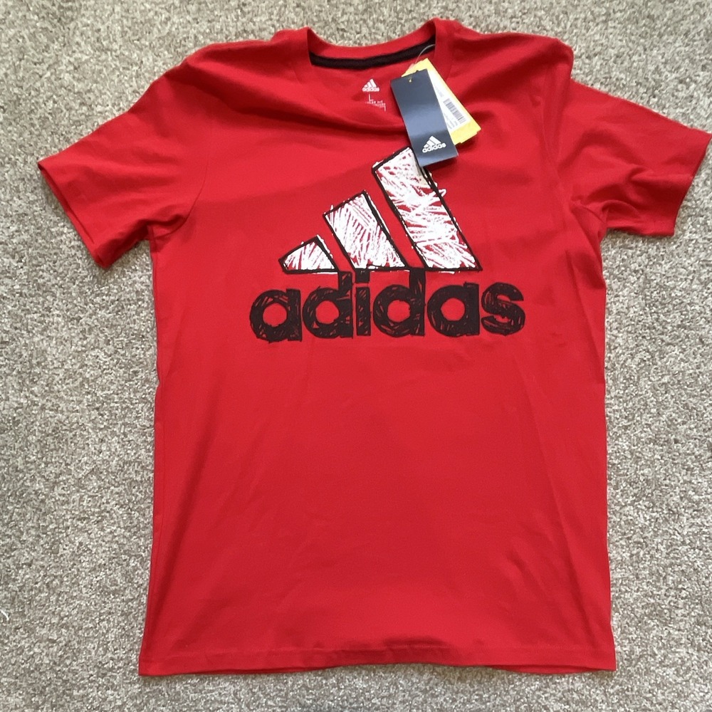Adidas Boys Size L Red Cotton Short Sleeve Crew Neck Logo Graphic Tee Tagless